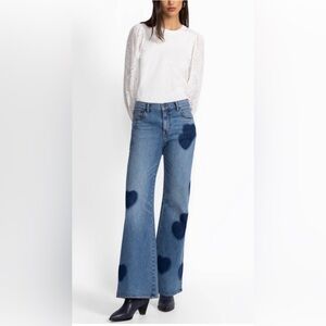 Johnny Was Blue Denim Flare Jeans with Dark Heart Patches